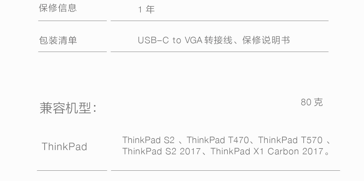 Thinkpad Lenovo USB-C to VGA转接线 (4X90M42956)